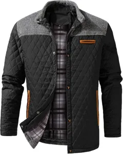 Detail view of men's stylish color-blocked quilted jacket, showing stitching and collar.
