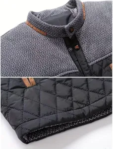 Men's casual quilted jacket detail, stand-up collar with patch design, winter warm outerwear top.