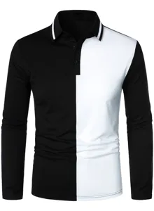 Men's long sleeve color block polo shirt casual lapel button top autumn new fashion.