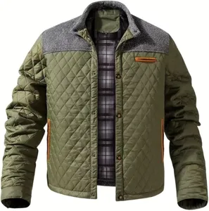 Men casual quilted jacket autumn winter color block padded coat stand collar outerwear