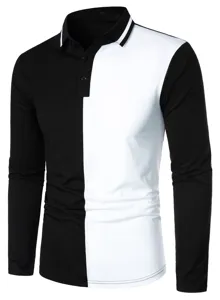 Detail view of men long sleeve colorblock polo shirt with black and white contrast design.