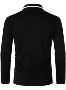 Black long sleeve polo shirt with white striped lapel collar, detailed back view design.