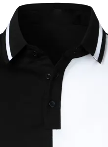 Close-up detail of the contrast striped collar and button placket on a black and white polo.