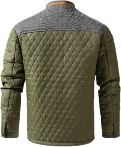 Back detail of men's color-block quilted jacket, showing green diamond pattern and grey upper yoke.