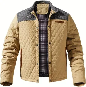Men's quilted casual jacket autumn winter patchwork zip up outerwear with cozy plaid lining.