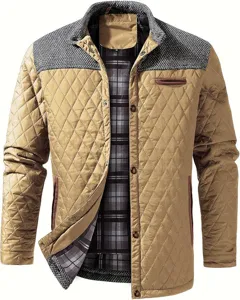 Men's quilted jacket detail showing color block patchwork, diamond stitching and lapel collar.