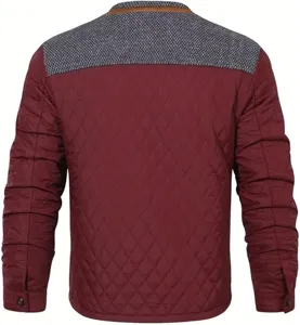 Men quilted jacket back detail, burgundy color block padded outerwear, casual winter top