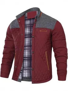 Men's casual color-block quilted jacket, stylish stand collar winter outerwear detail.
