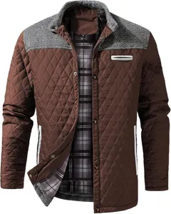 Mens stylish quilted jacket autumn winter colorblock casual coat with plaid lining M