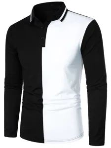 Men's long sleeve color block polo shirt casual lapel slim fit top for autumn wear
