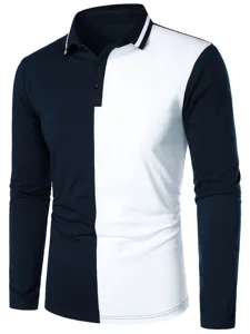 Men's Long Sleeve Color Block Polo Shirt Casual Lapel Striped Top for Autumn Season