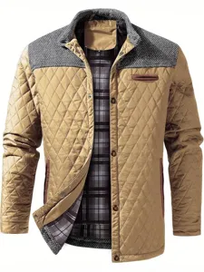 Men's quilted casual jacket autumn winter color block padded outerwear for men fashion