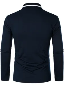 Men's long sleeve polo shirt casual slim fit striped collar pullover top autumn fashion.