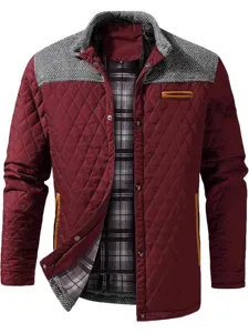 Men's winter color block quilted jacket casual snap button coat with plaid lining.
