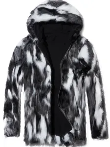Heren zwart witte imitatiebont met capuchon jas winter warme pluche ritssluiting