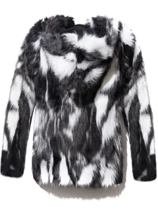 Heren winter nepbont jas met capuchon, zwart-witte pluche jas voor koude dagen.