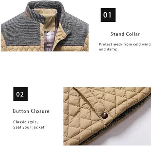 Herren gesteppte Winterjacke Detailansicht mit Stehkragen und praktischem Knopfverschluss.