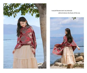 Bohemian ethnic style thick warm fringe shawl cloak for women, vintage winter travel outfit detail.