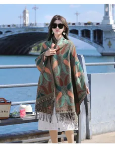 Ethnic style women tassel cape detail, vintage boho warm winter shawl for daily outdoor wear.