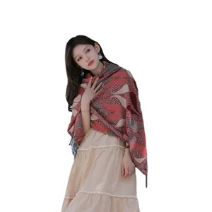 Women ethnic style vintage print tassel shawl bohemian warm winter cloak scarf main photo