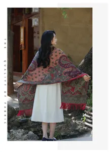 Bohemian paisley print cashmere feel shawl for women, ethnic tassel winter warm wrap scarf.