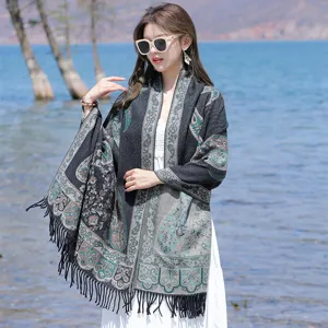 Ethnic jacquard woven imitation cashmere scarf vintage tassel shawl for women travel