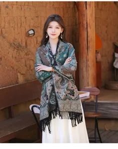 Detail shot of bohemian paisley cashmere-feel women shawl, featuring vintage fringe and soft fabric.