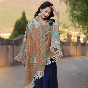 Bohemian paisley imitation cashmere shawl for women, stylish fringe cape for travel and daily wear.