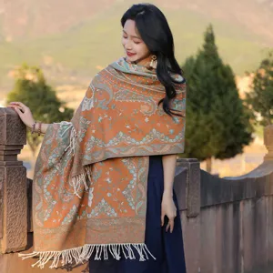 Bohemian paisley cashmere feel women winter warm shawl ethnic tassel scarf travel wrap