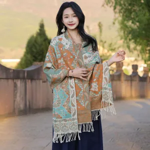 Bohemian paisley print women winter warm imitation cashmere tassel shawl scarf vintage