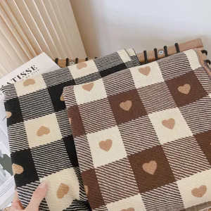 Cozy plaid winter scarf featuring cute heart patterns, soft imitation cashmere shawl for women.