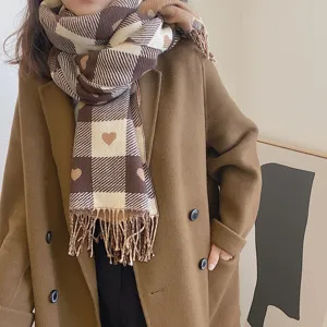 Cozy brown plaid scarf with heart pattern and fringe for women autumn winter warm wrap