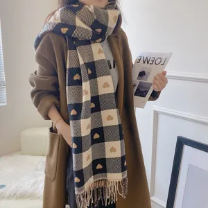 Cozy plaid tassel scarf with cute heart pattern, stylish cashmere feel shawl for autumn winter.