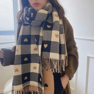 Cozy winter plaid scarf with cute heart patterns and soft tassel fringe for women.