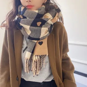 Fashion plaid heart tassel cashmere feel scarf winter warm women neck wrap shawl soft