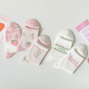 Süße rosa und weiße Erdbeer-Wadensocken aus Baumwolle für Damen, süßer Alltagsstil.