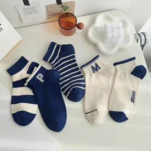 Chaussettes Décontractées en Mélange de Coton pour Femmes Série Bleue Chaussettes Courtes Respirantes Sportives Imprimé Lettres pour Printemps Été