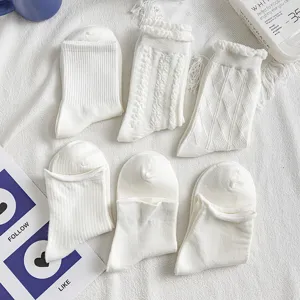 Damen weiße Wadenstrümpfe dünne Slouch Socken süße Rüschenkante Spitze lässig Strümpfe
