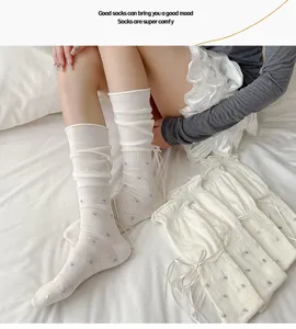 Milk white floral long socks for women, sweet bow ribbon stacking socks, spring and summer thin design.