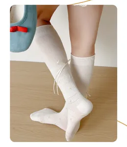 Milky white floral long socks for women, spring and summer thin sweet ribbon bow design details.