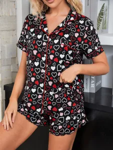 Conjunto pijama mujer manga corta estampado corazones negro ropa de dormir verano top short