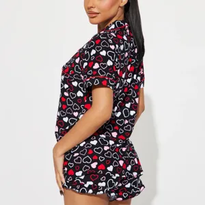 Conjunto de pijama corto negro con estampado de corazones para mujer ropa de dormir