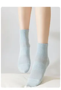 Close-up of breathable mesh cotton socks featuring comfortable ribbed cuffs and solid light blue color.