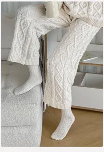 Weiß Baumwolle Zopfmuster Wadenstrümpfe für Damen, bequeme Freizeitsocken Alltag.