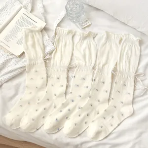 Milky white floral long socks for women, cute spring summer thin tube socks with sweet bow ribbons.