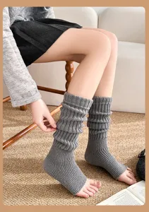 Solid color knit stirrup leg warmers cozy winter thick thermal slouch socks detail view