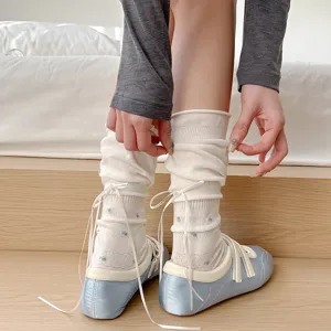 Milky white floral women's long socks with sweet back ribbon bows, spring summer thin socks.