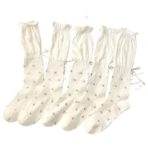 Off-white floral long socks for women, sweet bow tie ruffles, cute summer hosiery