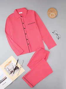 Pink long sleeve button down pajama set casual sleepwear detail view for women's home wear