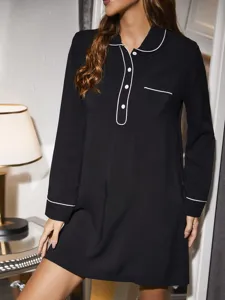 Camison de mujer manga larga con ribete en contraste, cuello solapa y detalle de bolsillo.